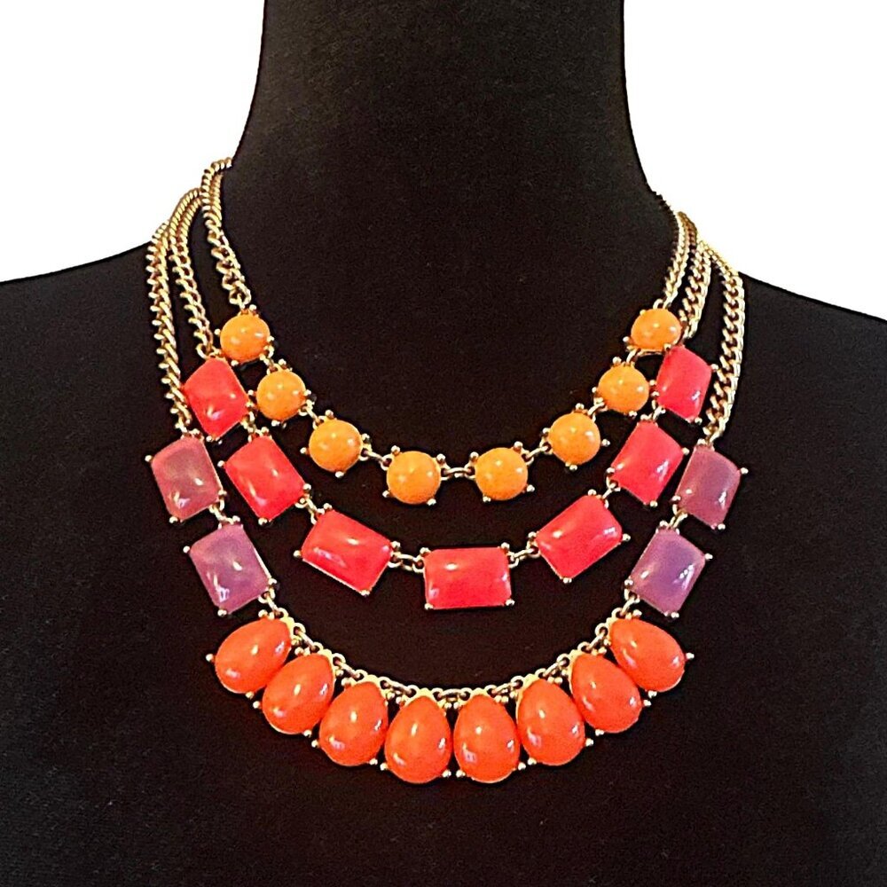 MIKA Statement Necklace Triple Layered Chunky Statement Gold Tone Coral Orange P